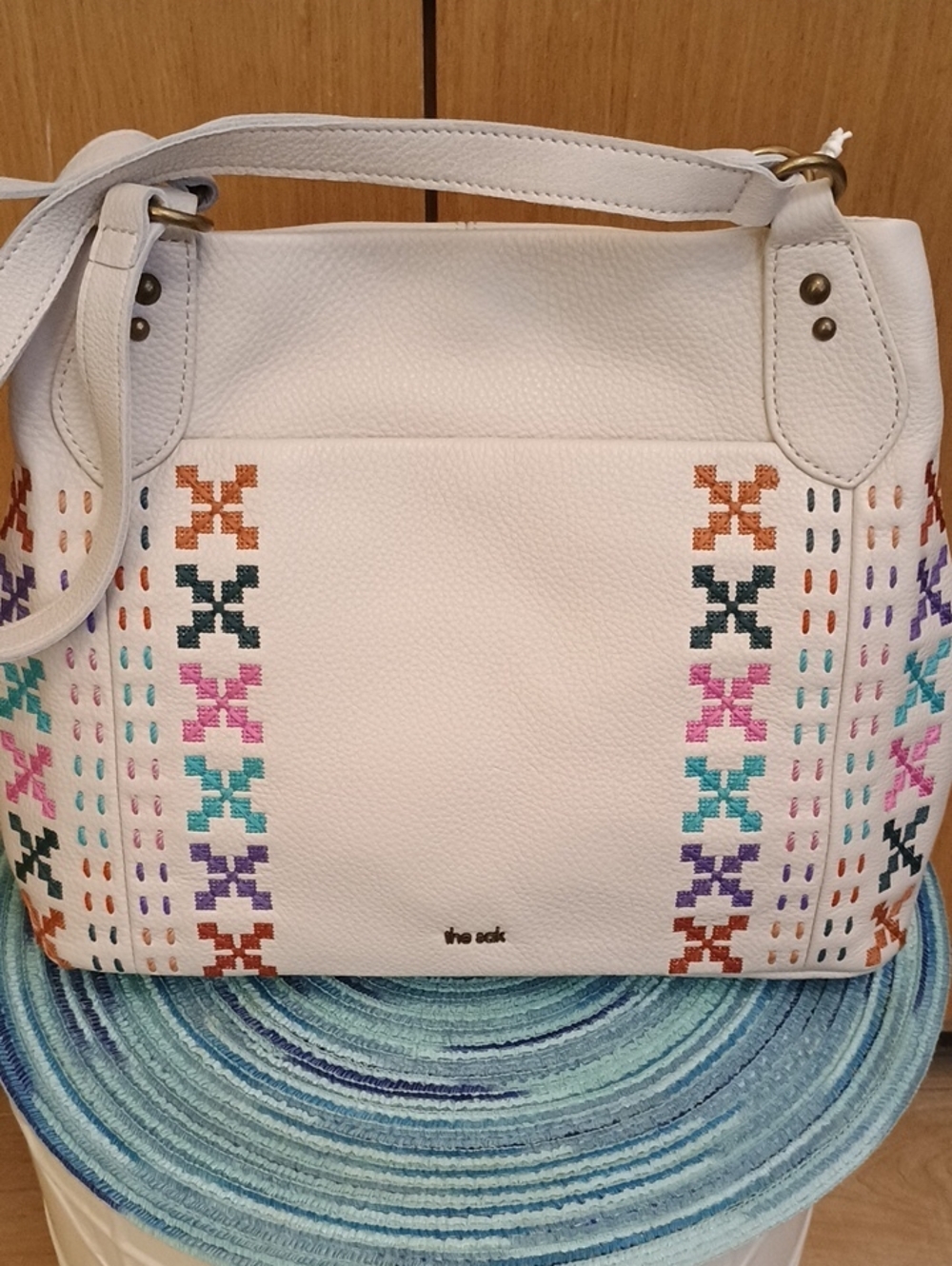 NWT The Sak Cream "Melrose Leather" Shoulder Bag with Multicolor Embroidery